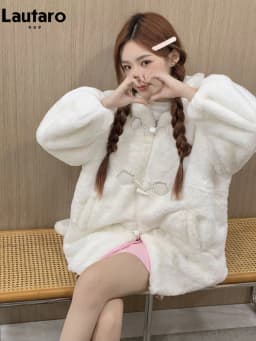Lautaro Winter Oversized Warm White Faux Fur Coat Women With Bunny Ears Kawaii Sweet Cute Japanese Style Fluffy Jacket Hoodie