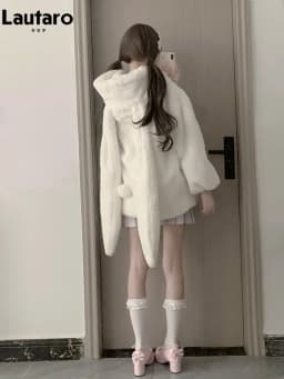 Lautaro Winter Oversized Warm White Faux Fur Coat Women With Bunny Ears Kawaii Sweet Cute Japanese Style Fluffy Jacket Hoodie
