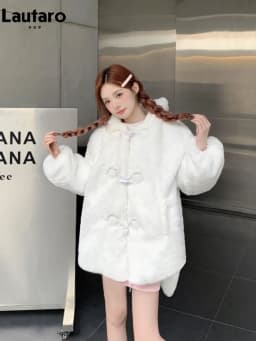 Lautaro Winter Oversized Warm White Faux Fur Coat Women With Bunny Ears Kawaii Sweet Cute Japanese Style Fluffy Jacket Hoodie