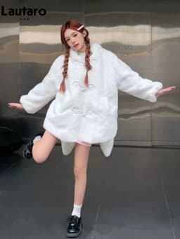Lautaro Winter Oversized Warm White Faux Fur Coat Women With Bunny Ears Kawaii Sweet Cute Japanese Style Fluffy Jacket Hoodie