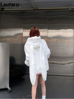 Lautaro Winter Oversized Warm White Faux Fur Coat Women With Bunny Ears Kawaii Sweet Cute Japanese Style Fluffy Jacket Hoodie