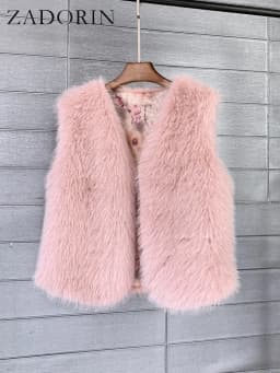 ZADORIN 2026 Autumn Winter Fashion Fur Waistcoat Women Casual Warm Faux Fur Vest V Neck Pink Black White Faux Fur Coat Crop Tops
