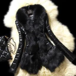 PU Leather Faux Fur Women Coat 2021 Casual Fluffy Coat Black Faux Fur Collar Jacket Coat