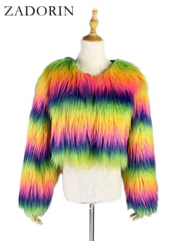 ZADORIN Fashion Colorful Rainbow Hairy Faux Fur Coat Women Crop Top Autumn Winter Fluffy Cropped Fur Jacket Festival Clothing