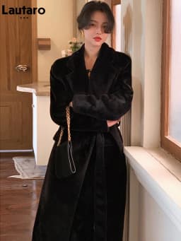 Lautaro Winter Oversized Long Black Soft Faux Fur Trench Coat for Women Long Sleeve Sashes Casual Stylish Korean Fashion 2021