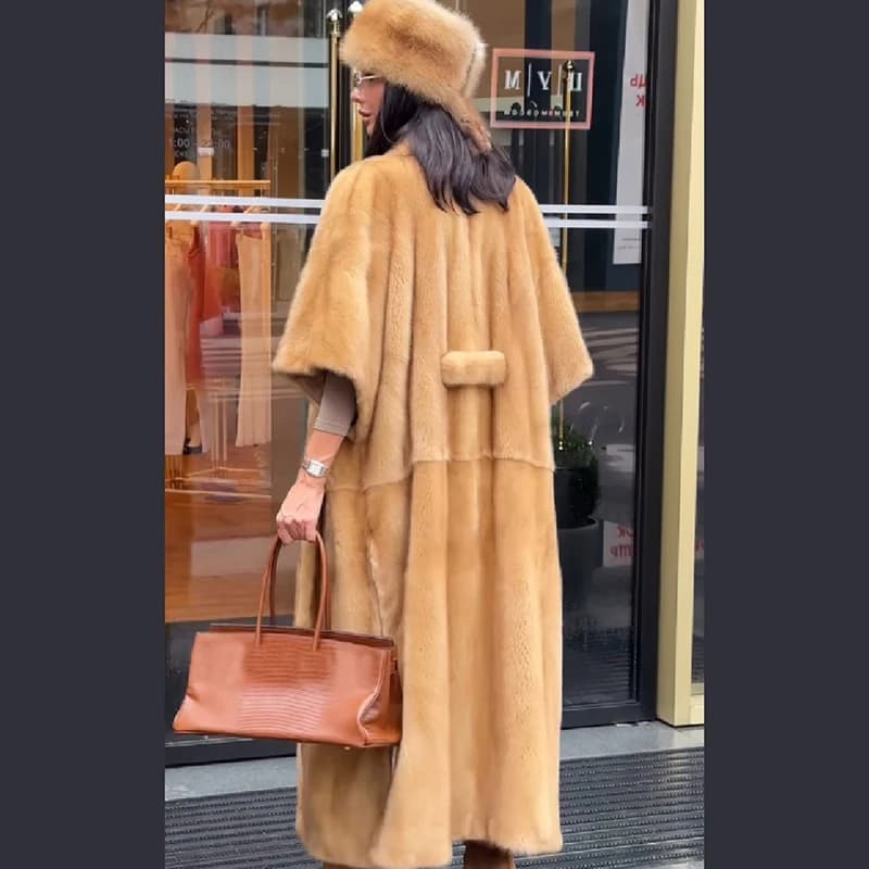 Women Faux Fur Shawl Collar Maxi Coat 3/4 Sleeve Open Front Self-Tie Belt Loose Fit Vintage Warm Jacket Luxury Ladies Outerwear