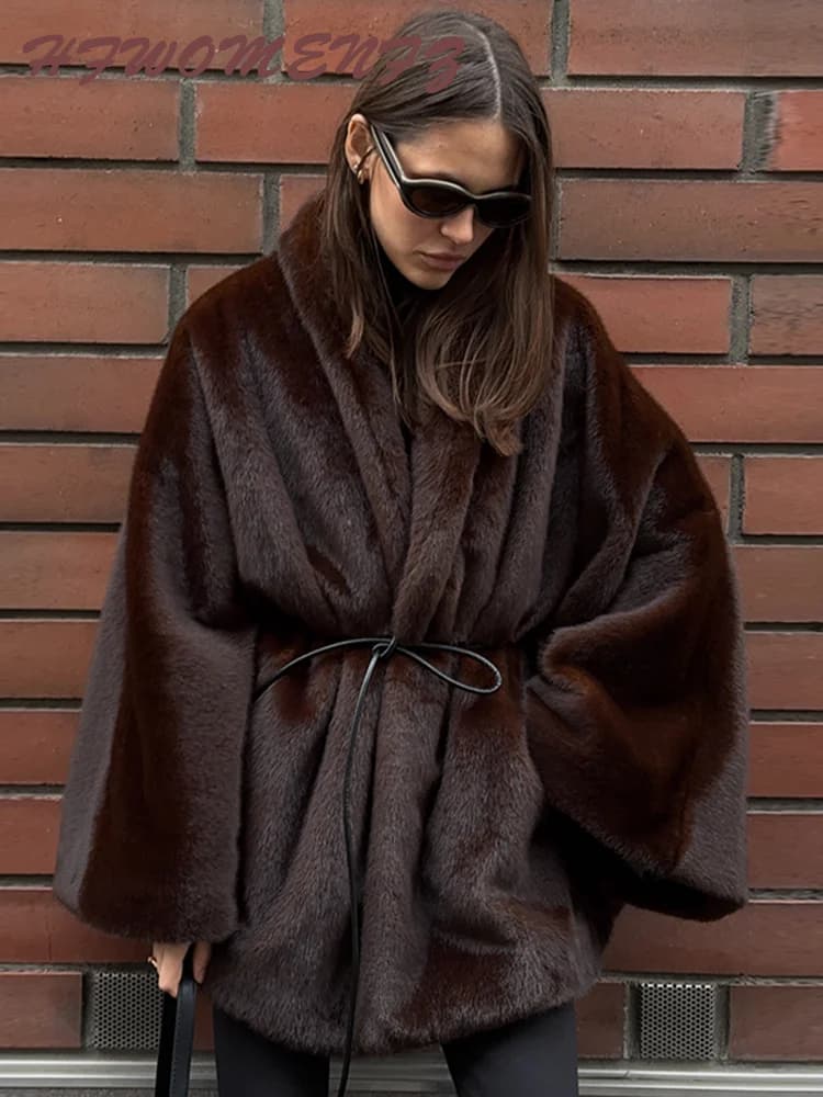 Vintage Brown Women's Faux Fur Coat Loose Full Sleeve Thicken Female Street Outerwear 2026 Autumn Winter Fashion Lady Jacket
