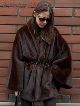 Vintage Brown Women's Faux Fur Coat Loose Full Sleeve Thicken Female Street Outerwear 2026 Autumn Winter Fashion Lady Jacket