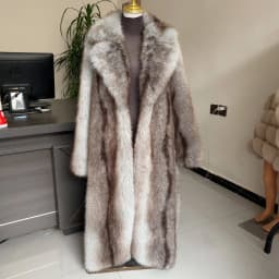 Long Faux Fur Coat Women's with Black Imprint and Large Collar for Women in Winter Long Faux Fur Jacket with Waistband Design