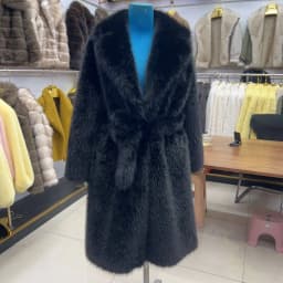 Long Faux Fur Coat Women's with Black Imprint and Large Collar for Women in Winter Long Faux Fur Jacket with Waistband Design