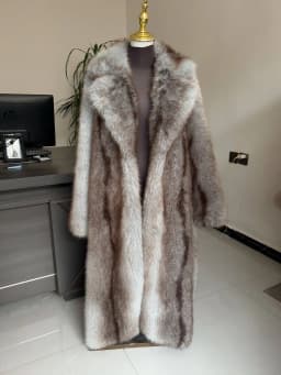 Long Faux Fur Coat Women's with Black Imprint and Large Collar for Women in Winter Long Faux Fur Jacket with Waistband Design