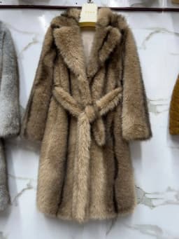 Long Faux Fur Coat Women's with Black Imprint and Large Collar for Women in Winter Long Faux Fur Jacket with Waistband Design