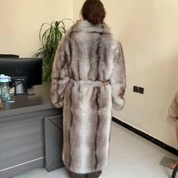 Long Faux Fur Coat Women's with Black Imprint and Large Collar for Women in Winter Long Faux Fur Jacket with Waistband Design