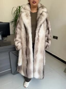 Long Faux Fur Coat Women's with Black Imprint and Large Collar for Women in Winter Long Faux Fur Jacket with Waistband Design