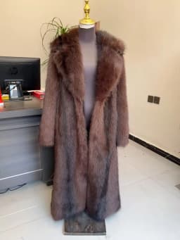 Long Faux Fur Coat Women's with Black Imprint and Large Collar for Women in Winter Long Faux Fur Jacket with Waistband Design