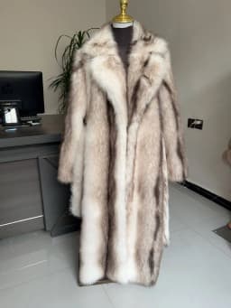 Long Faux Fur Coat Women's with Black Imprint and Large Collar for Women in Winter Long Faux Fur Jacket with Waistband Design