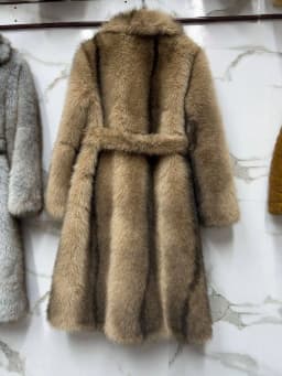 Long Faux Fur Coat Women's with Black Imprint and Large Collar for Women in Winter Long Faux Fur Jacket with Waistband Design