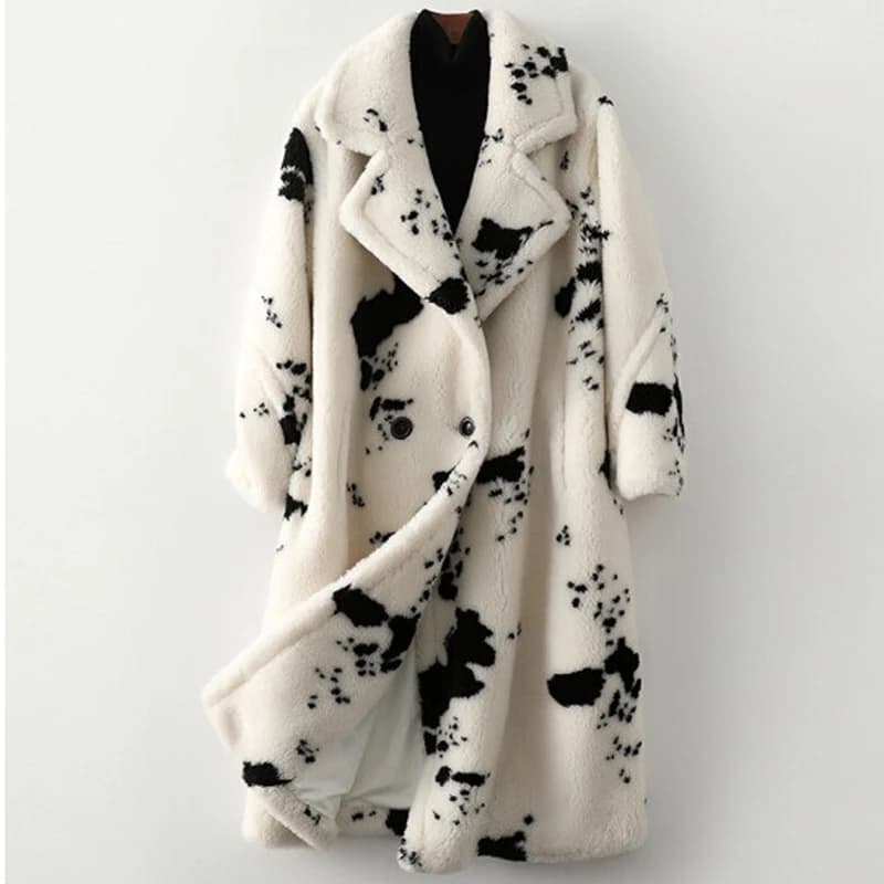 Women's winter warm wool imitation fur coat sheep cut wool coat loose long print fashion casual windbreaker