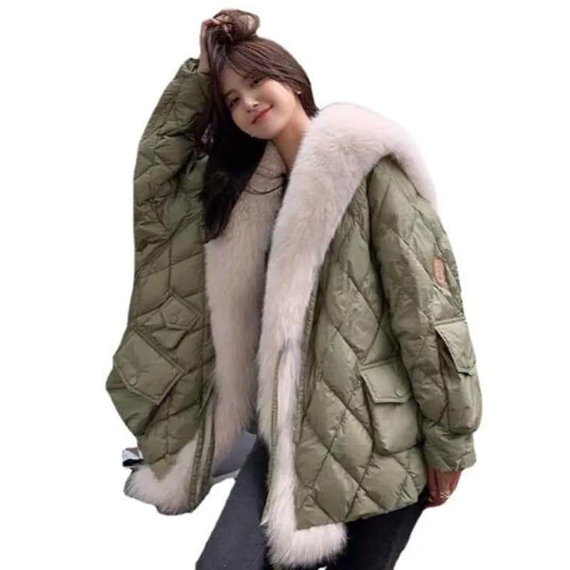 2025 winter new imitation fox fur collar down padded jacket female imitation fur coat warm medium long