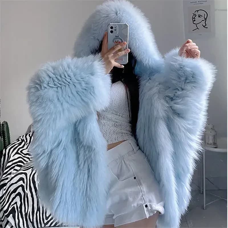 Faux Fur Coat Women Winter Short Bat Full Sleeve Hooded Coats Slim Spliced Thick Coat Loose Open Stitch Jacket