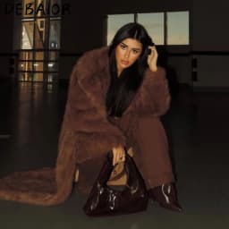 DEBAIOR New Autumn Winter Women's Gradient Faux Fur Long Coat Lapel Belted Faux Fur Jacket Female Thick Warm Clothes Outerwear