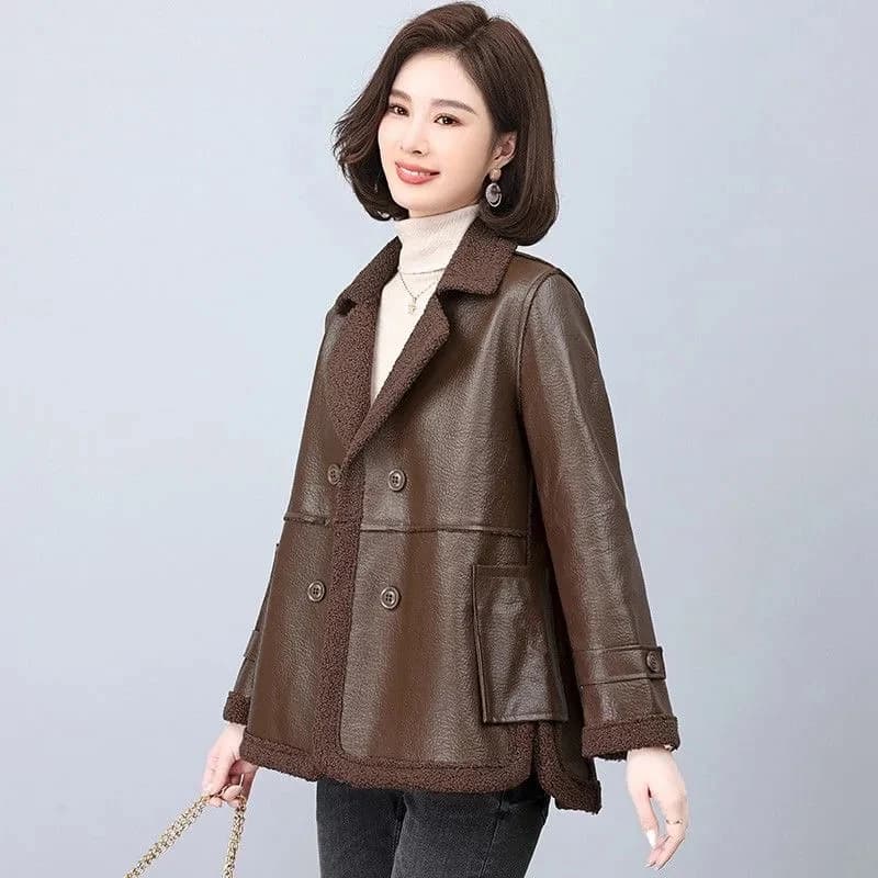 2025 Autumn/Winter New Thick Velvet Women's Leather Jacket Fashionable, Wearing Fur on Both Sides for Warmth