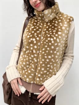 IG Women Deer Spotted Plush Faux Fur Vest, Stand Collar Full Zip Sleeveless Cropped, Soft Fluffy Warm Winter Casual Outerwear