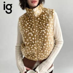 IG Women Deer Spotted Plush Faux Fur Vest, Stand Collar Full Zip Sleeveless Cropped, Soft Fluffy Warm Winter Casual Outerwear