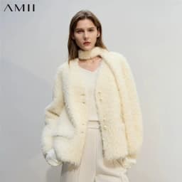 Amii Fur Coat 2026 Winter New Loose Short V-Neck Versatile Women's Coat Warm Long Sleeves With A Belt Jacket With Fur 12524007