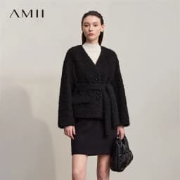 Amii Fur Coat 2026 Winter New Loose Short V-Neck Versatile Women's Coat Warm Long Sleeves With A Belt Jacket With Fur 12524007
