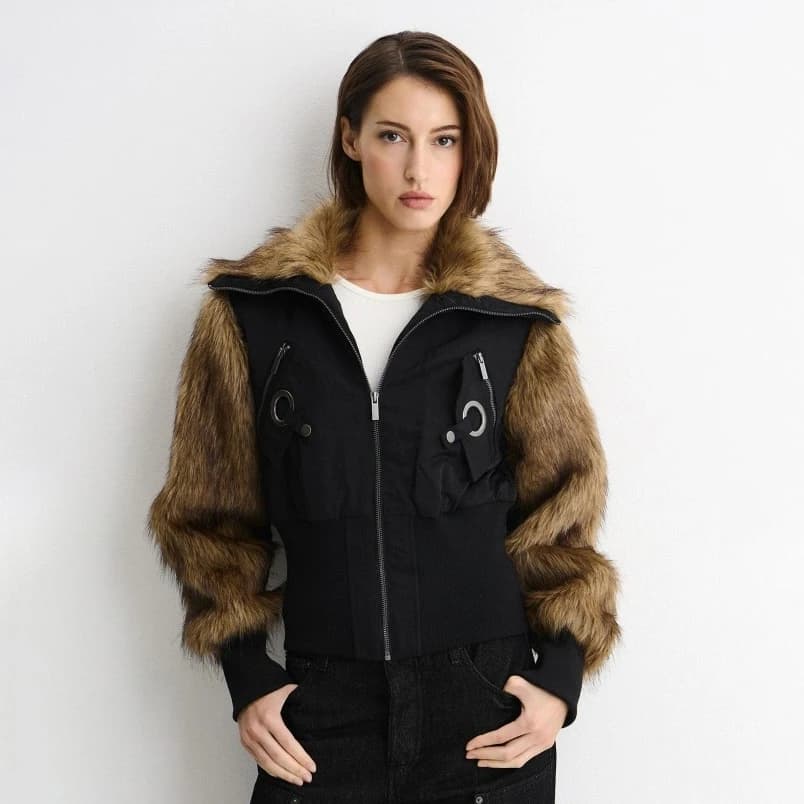 Women Brown Faux Fur Sleeve & Collar Cropped Bomber Jacket, Full Zip Cinched Waist Utility Pockets, Winter Warm Street Casual Ou