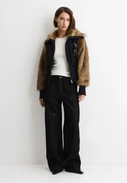 Women Brown Faux Fur Sleeve & Collar Cropped Bomber Jacket, Full Zip Cinched Waist Utility Pockets, Winter Warm Street Casual Ou
