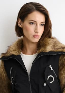 Women Brown Faux Fur Sleeve & Collar Cropped Bomber Jacket, Full Zip Cinched Waist Utility Pockets, Winter Warm Street Casual Ou