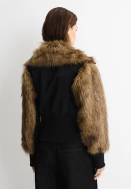 Women Brown Faux Fur Sleeve & Collar Cropped Bomber Jacket, Full Zip Cinched Waist Utility Pockets, Winter Warm Street Casual Ou