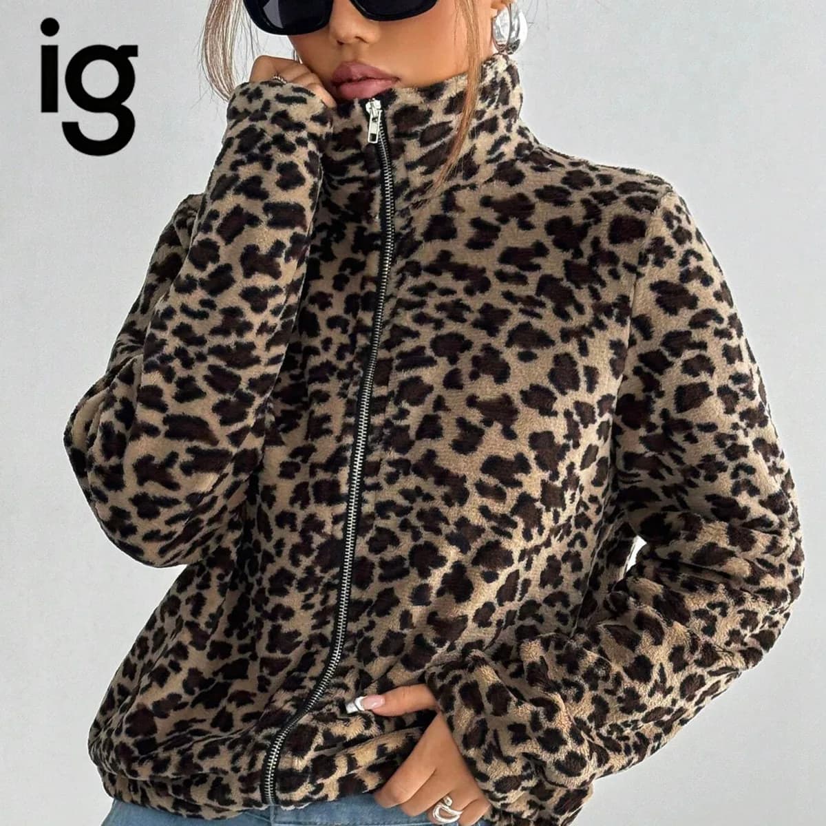 IG Women Leopard Print Stand Collar Zip-Up Fuzzy Jacket, Long Sleeve Warm Fluffy Short Coat, Winter Casual Street Outerwear