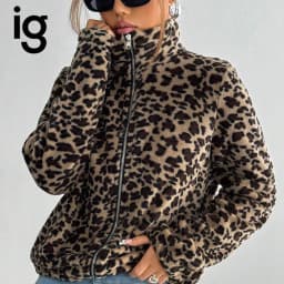 IG Women Leopard Print Stand Collar Zip-Up Fuzzy Jacket, Long Sleeve Warm Fluffy Short Coat, Winter Casual Street Outerwear