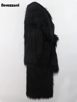 Nerazzurri Winter Long White Black Hairy Shaggy Fluffy Thick Warm Soft Stylish Faux Mongolia Lamb Fur Coat Women Belt Lapel 2023