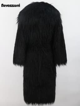 Nerazzurri Winter Long White Black Hairy Shaggy Fluffy Thick Warm Soft Stylish Faux Mongolia Lamb Fur Coat Women Belt Lapel 2023