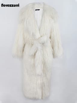 Nerazzurri Winter Long White Black Hairy Shaggy Fluffy Thick Warm Soft Stylish Faux Mongolia Lamb Fur Coat Women Belt Lapel 2023