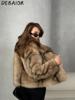 DEBAIOR Cropped Vegan Fur Short Jacket Female New Autumn Winter Warm Outerwear Women's Oversized Big Lapel Faux Fox Fur Coat
