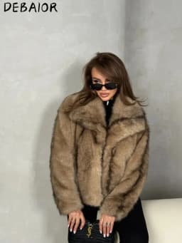 DEBAIOR Cropped Vegan Fur Short Jacket Female New Autumn Winter Warm Outerwear Women's Oversized Big Lapel Faux Fox Fur Coat