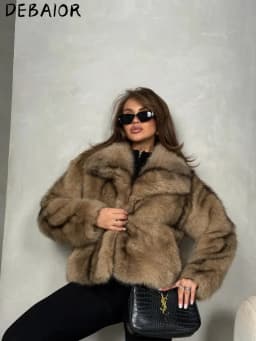 DEBAIOR Cropped Vegan Fur Short Jacket Female New Autumn Winter Warm Outerwear Women's Oversized Big Lapel Faux Fox Fur Coat