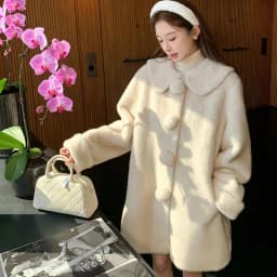 Sweet Doll Collar Faux Mink Coat for Women Winter Loose Thick Pom Pom Button Outerwear Female Warmth Mid Length Plush Jacket