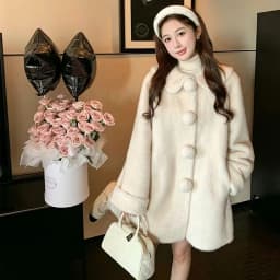 Sweet Doll Collar Faux Mink Coat for Women Winter Loose Thick Pom Pom Button Outerwear Female Warmth Mid Length Plush Jacket