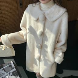 Sweet Doll Collar Faux Mink Coat for Women Winter Loose Thick Pom Pom Button Outerwear Female Warmth Mid Length Plush Jacket