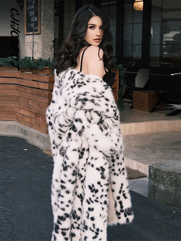Women's Long Coats Leopard Printed Lapel Full Sleeve Faux Fur Coat Autumn Winter Lady Panelled Loose Warm Jackets New Outerwears