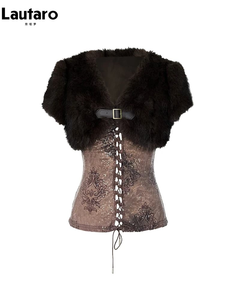 Lautaro Autumn Winter Short Brown Thick Warm Soft Faux Fur Vest Coat Women Luxury Chic Sexy Punk Style Fluffy Sleeveless Jacket