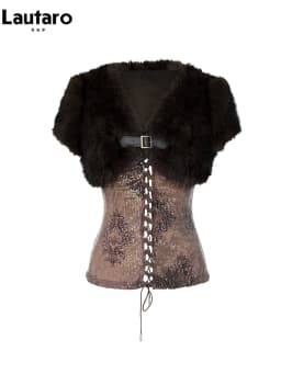 Lautaro Autumn Winter Short Brown Thick Warm Soft Faux Fur Vest Coat Women Luxury Chic Sexy Punk Style Fluffy Sleeveless Jacket