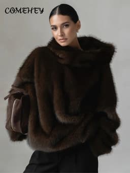 High Street Brown Faux Fur Hooded Pullover Women Full Sleeve Warm Thick Loose Tops 2026 Winter Lady Luxurious Furry Outwear