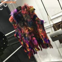 Fashion Womens Real Knitted Rabbit Fur Vests with Raccoon Fur Collar Gilets High Quality Close-woven Waistcoat Plus Size